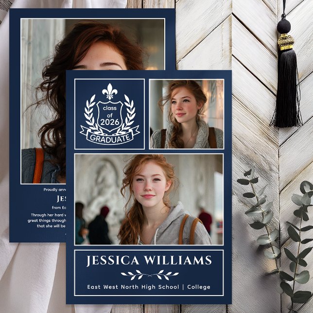 Faire-part Modern Laurels 3 Photo Class of 2026 Graduation  (Modern Laurels | Fleur de Lis Crest Graduate 3 Photo Graduation Announcement -Print | Digital - Blue)
