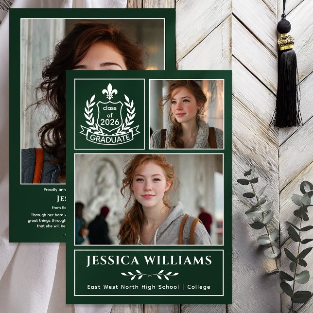 Faire-part Modern Laurels 3 Photo Class of 2026 Graduation  (Modern Laurels Fleur de Lis Crest Graduate 3 Photo Graduation Announcement -Print | Digital - Green)