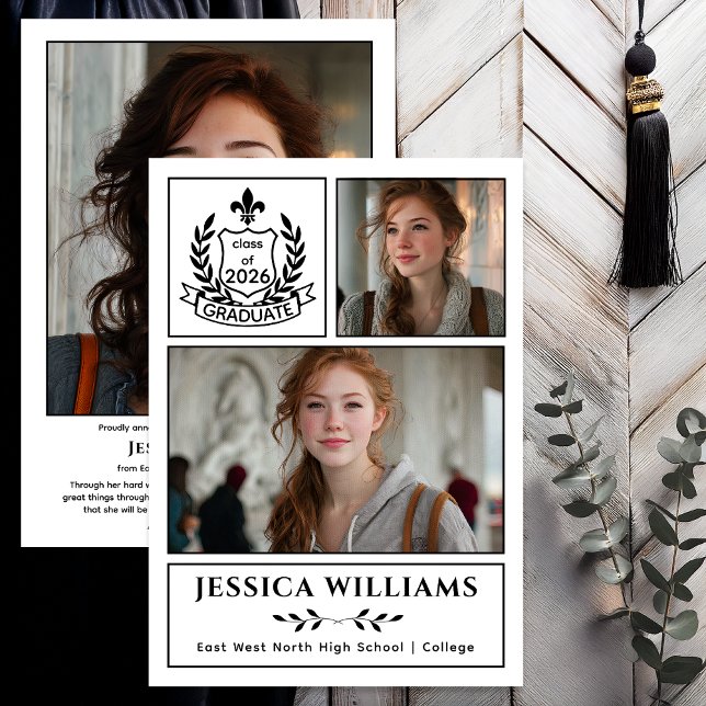 Faire-part Modern Laurels 3 Photo Class of 2026 Graduation  (Modern Laurels | Fleur de Lis Crest Graduate 3 Photo Graduation Announcement -Print | Digital - BW)