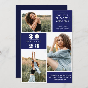 Faire-part Modern Minimal Blue White Photo Grid Graduation