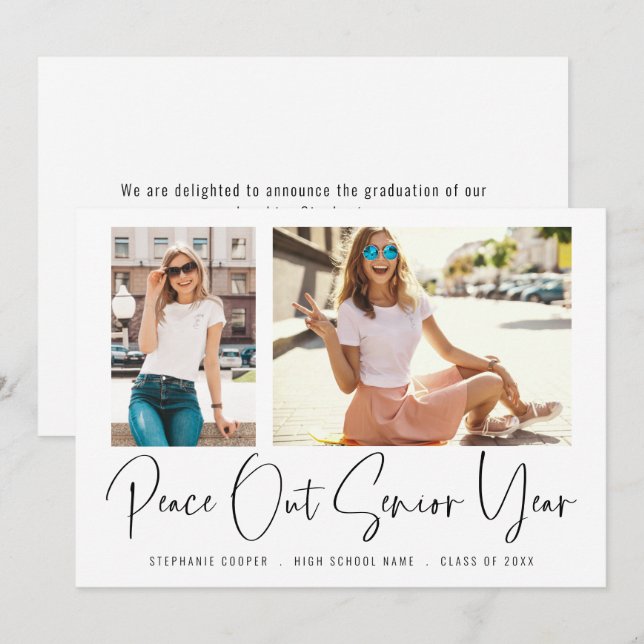 Faire-part Modern Peace Out 2 Photos Script Graduation (Devant / Derrière)