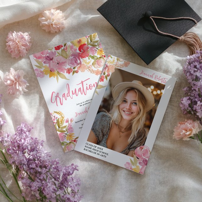 Faire-part Modern photo Boho Pink Lavender floral graduation (Modern photo Boho Pink Lavender floral graduation Announcement)