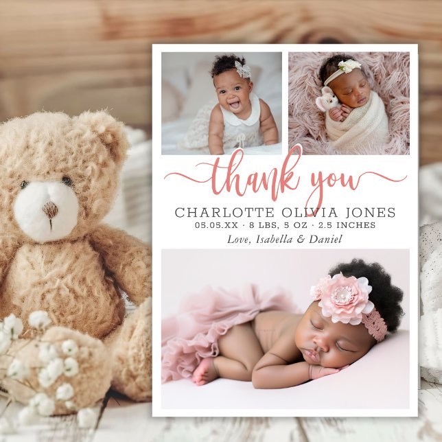Faire-part Modern Pink Script Baby Girl Birth Photo Collage  (Créateur téléchargé)