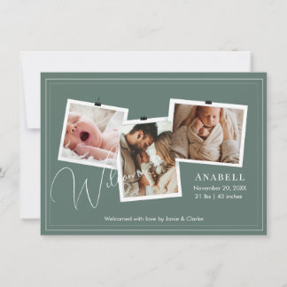 Faire-part Modern Sage Green Zigzag 3 Photo Collage Birth