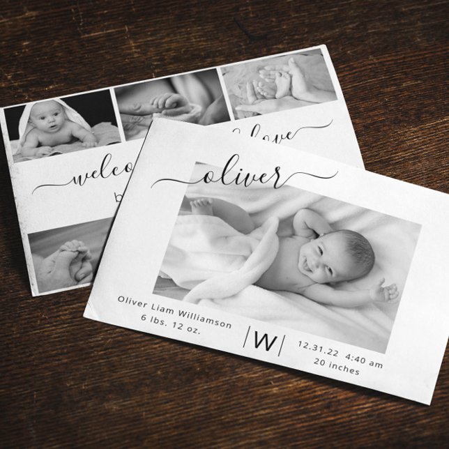 Faire-part Modern Script Photo Collage Nouveau bébé naissance (Créateur téléchargé)