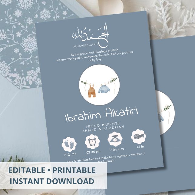 Faire-part Modern Slate Blue Islamic Baby Boy Birth (Créateur téléchargé)