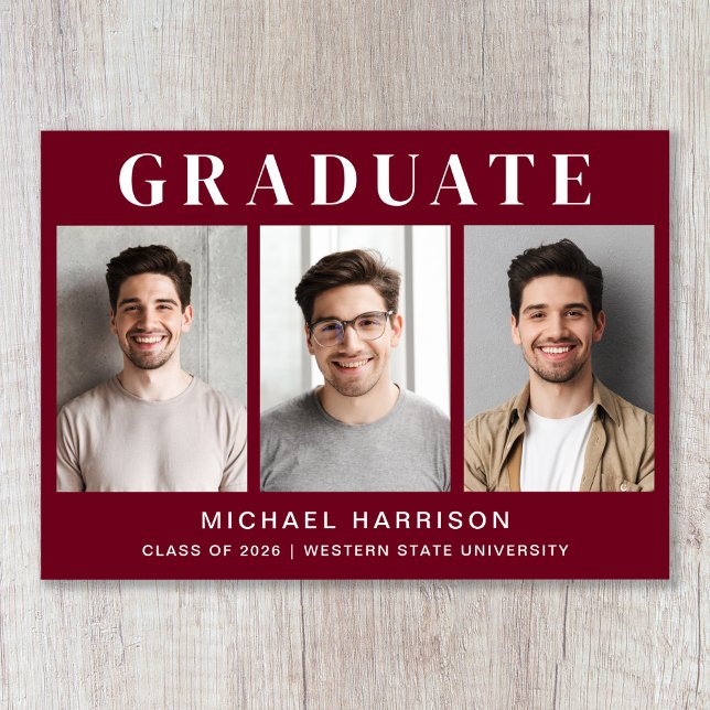 Faire-part Moderne 3 Photo Bourgogne Diplôme (Modern 3 Photo Burgundy Graduation Announcement)