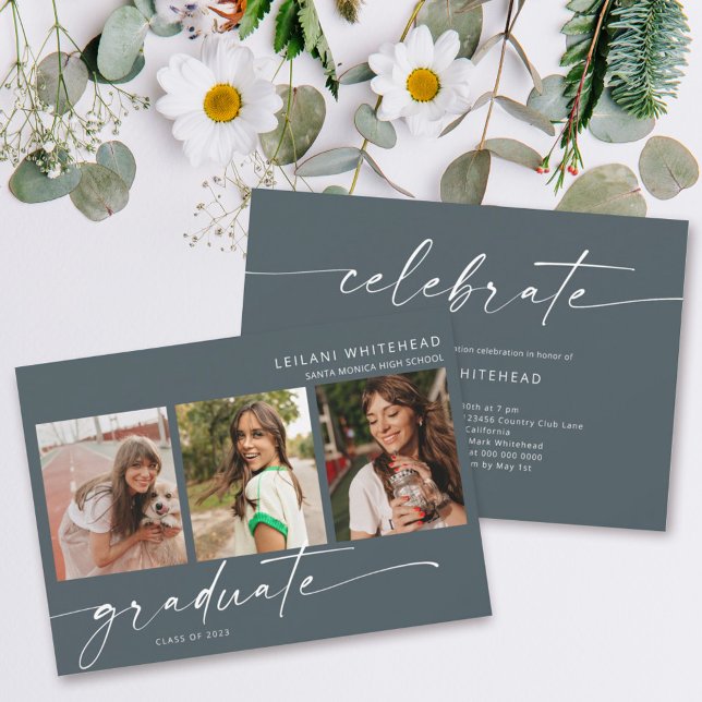 Faire-part Moderne 3 Photo Graduation Dark Turquoise (Créateur téléchargé)