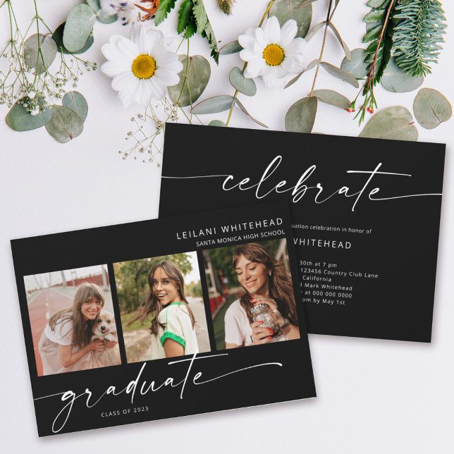 Faire-part Moderne 3 Photo Graduation Party Noir (Créateur téléchargé)