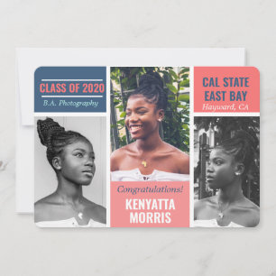 Faire-part Moderne 3 Photos Coral Turquoise Graduation Bleue