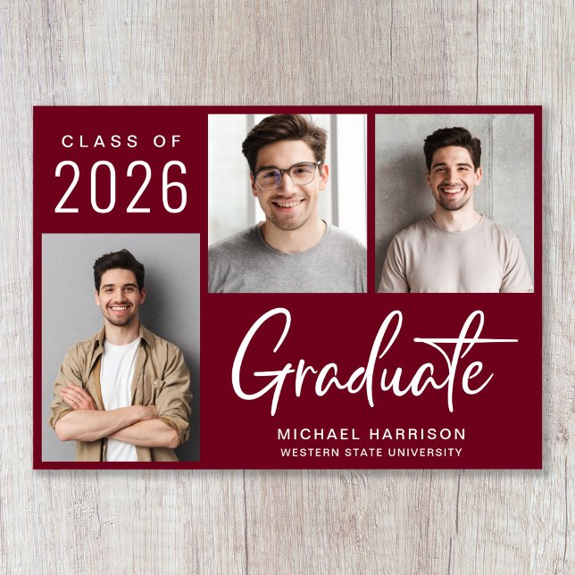 Faire-part Moderne 3 Script photo Bourgogne (Cherish the milestone: share your graduate's achievement with a custom photo graduation announcement)