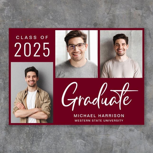 Faire-part Moderne 3 Script photo Bourgogne (Cherish the milestone: share your graduate's achievement with a custom photo graduation announcement)