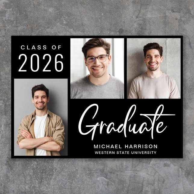 Faire-part Moderne 3 Script photo noir Graduation (Cherish the milestone: share your graduate's achievement with a custom photo graduation announcement)