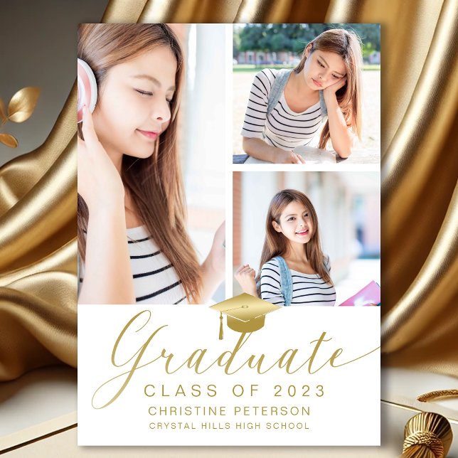 Faire-part Moderne 4 photo Collage blanc Graduation (Modern Photo Collage White and Gold Graduation Announcement)