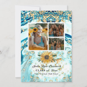 Faire-part Moderne 4 Photo Collage Bleu Tournesol graduation
