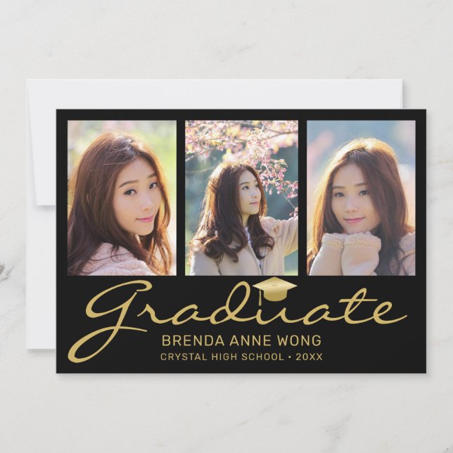 Faire-part Moderne 4 Photo Collage Gold Script Graduation (Devant)