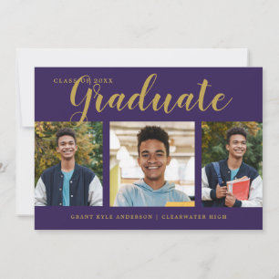 Faire-part Moderne 4 Photo Collage Purple Gold Graduation
