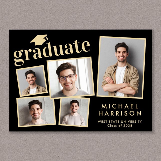 Faire-part Moderne 5 Photo Black Gold Graduation (Cherish the milestone: share your graduate's achievement with a custom photo graduation announcement)