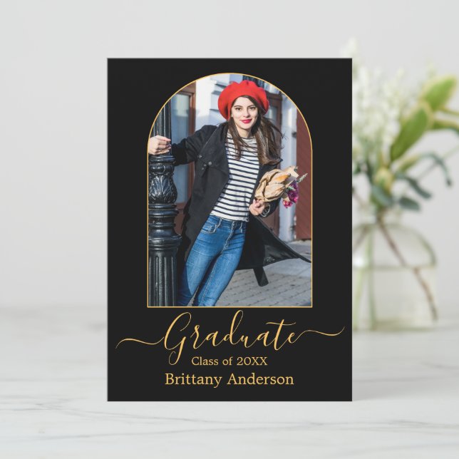 Faire-part Moderne Arch Gold Calligraphie Photo Graduation (Debout devant)