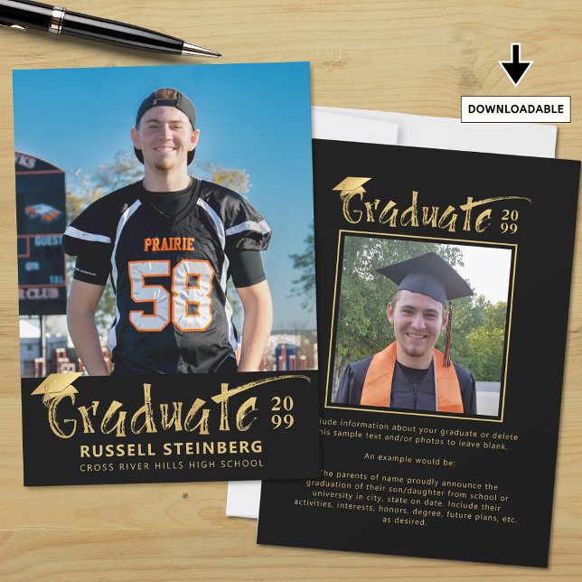 Faire-part Moderne Black Gold Brushstroke Graduate 2 Photos (Créateur téléchargé)