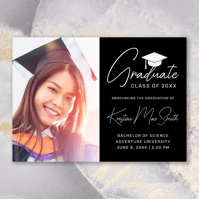 Faire-part Moderne Black White Script Photo College Graduatio (Modern Black White Script Photo College Graduation Announcement)