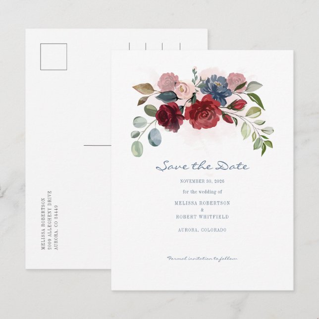 Faire-part moderne burgundy floral rustique Save T (Devant / Derrière)