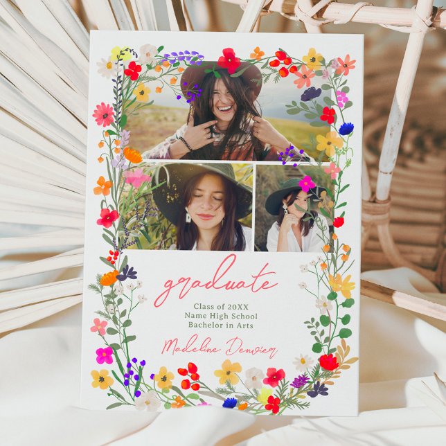 Faire-part Moderne chic boho brillant fleurs sauvages graduat (Modern chic boho bright wild flowers graduation announcement)