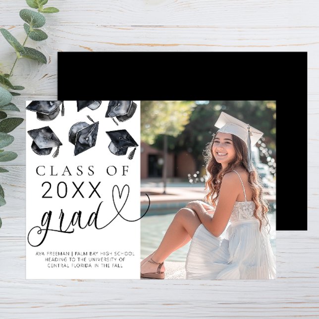 Faire-part moderne de graduation en noir et blanc (Simple Photo Graduation Announcement & Invitation)