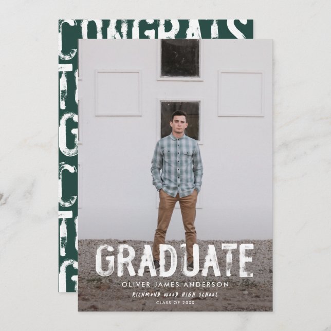 Faire-part moderne de graduation photo verte grung (Devant / Derrière)