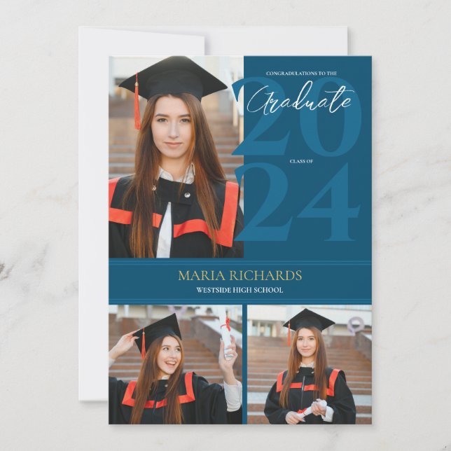 Faire-part Moderne Design 3 Photo Collage Bleu Graduation (Devant)
