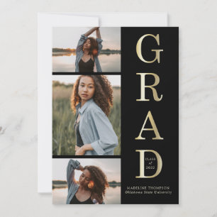 Faire-part Moderne Elegant Black Gold 3 Photo Graduation