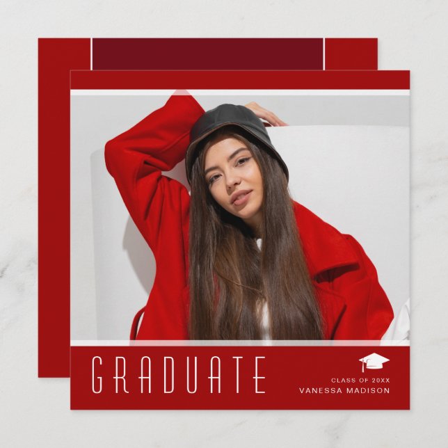 Faire-part Moderne Élégant Diplômé élégant Photo Rouge & Blan (Devant / Derrière)