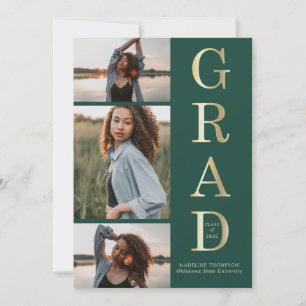 Faire-part Moderne Elegant Green Gold 3 Photo Graduation