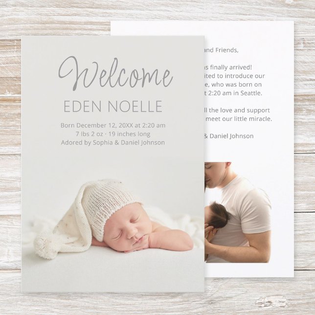 Faire-part Moderne Élégant Gris Écriture Nouveau-né 2 Photo N (Modern, elegant, gray script 2 photo newborn birth announcement flat card. Simple baby photo card.)