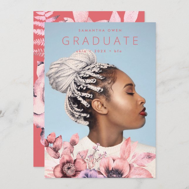 Faire-part Moderne | Floral de corail marin | Graduation aqua (Devant / Derrière)