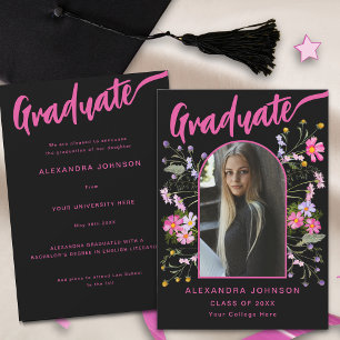 Faire-part Moderne Floral Diplômé Photo Noir Rose Script