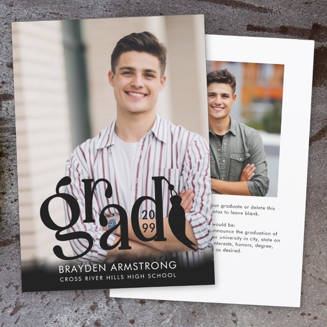 Faire-part Moderne GRAD Tassel 2 Photos Black Overlay (Créateur téléchargé)