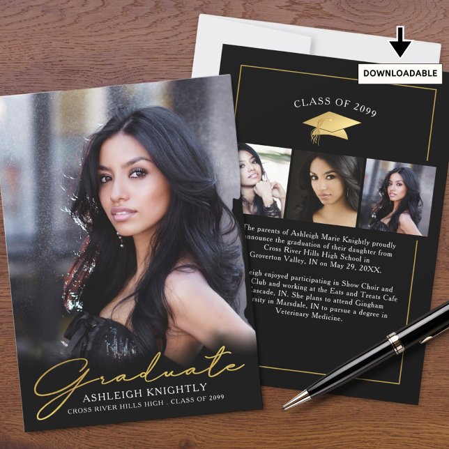 Faire-part Moderne Graduate 4 Photos manuscrit Script noir (Créateur téléchargé)