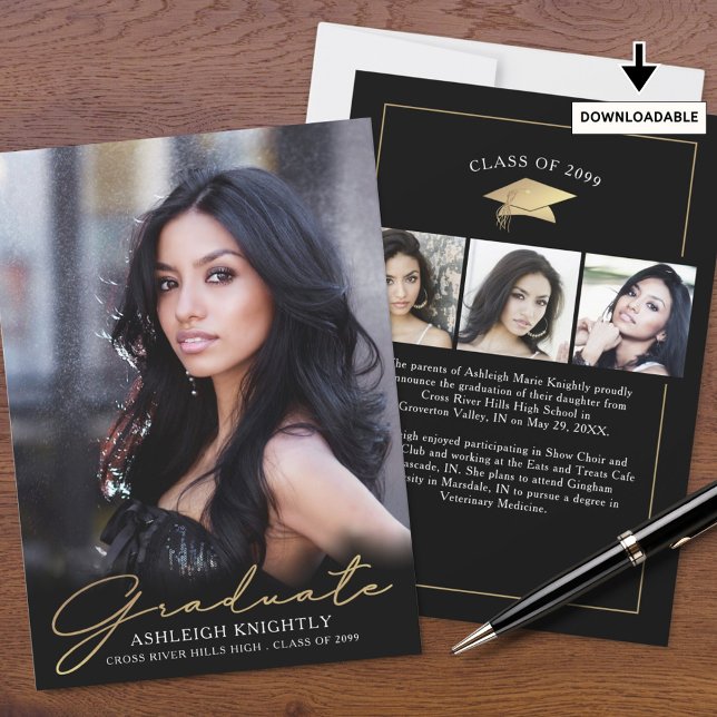 Faire-part Moderne Graduate 4 Photos Script Black Gold (Créateur téléchargé)