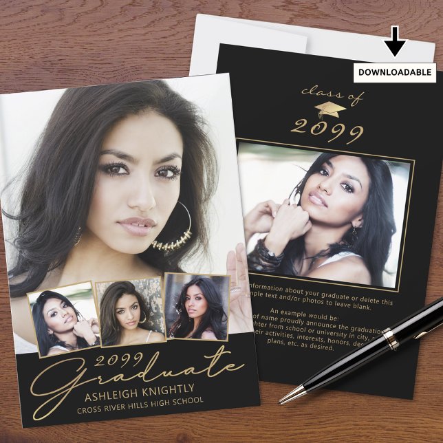 Faire-part Moderne Graduate 5 Photos Script Black Gold (Créateur téléchargé)