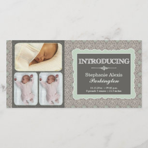 Faire-part Moderne gris turquoise fleurs photo bébé faire-par