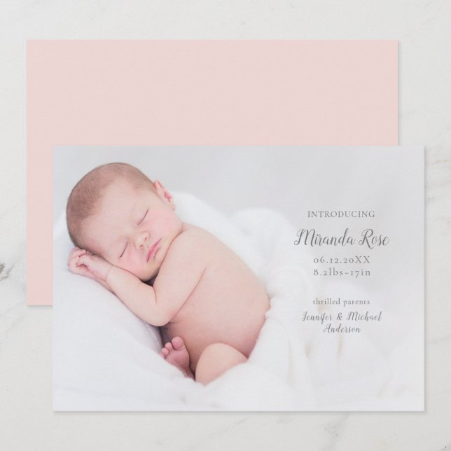 Faire-part Moderne Introduire Bébé Fille Photo Naissance rose (Devant / Derrière)