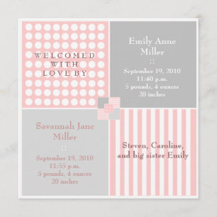 Faire-part moderne jumeau rose de photo de bébé