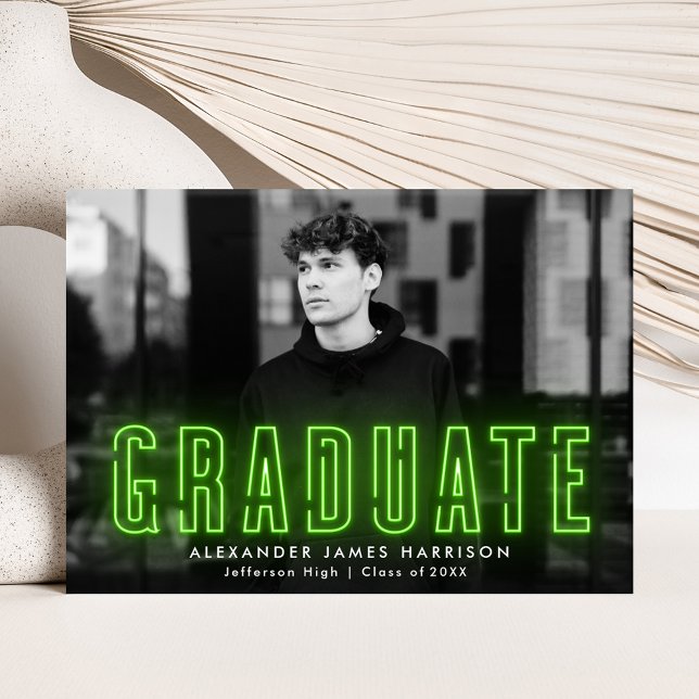 Faire-part Moderne Lime Green Neon Photo Graduation (Créateur téléchargé)
