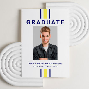 Faire-part Moderne Marine Bleu Jaune Photo Graduation
