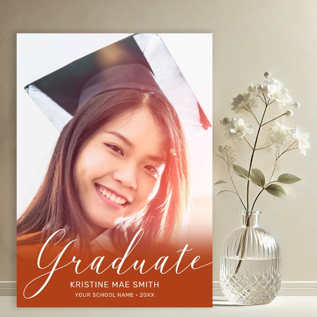 Faire-part Moderne Orange White Calligraphie Photo Graduation (Orange with White Calligraphy Script Photo Graduation Announcement)