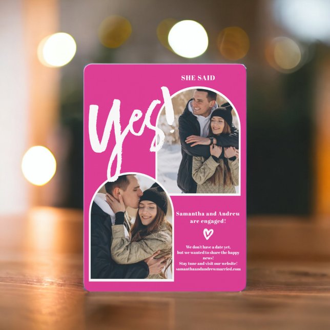 Faire-part Moderne oui 2 photos arche fiançailles rose chaud (Modern yes 2 photos arch hot pink engagement announcement)