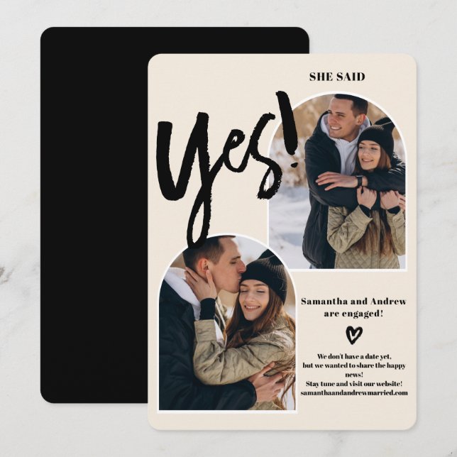 Faire-part Moderne oui script 2 photos arch ivoire fiançaille (Devant / Derrière)