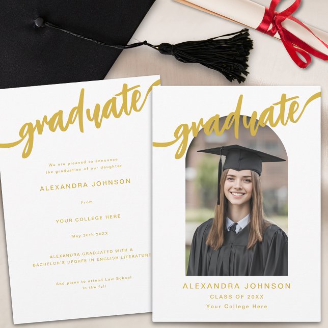 Faire-part Moderne Photo de Diplômé avec Écriture Dorée en Ar (Elegant gold script arch photo graduation announcement card)