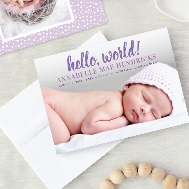 Faire-part Moderne Photo de naissance Fille Bébé Violet Hello (Créateur téléchargé)